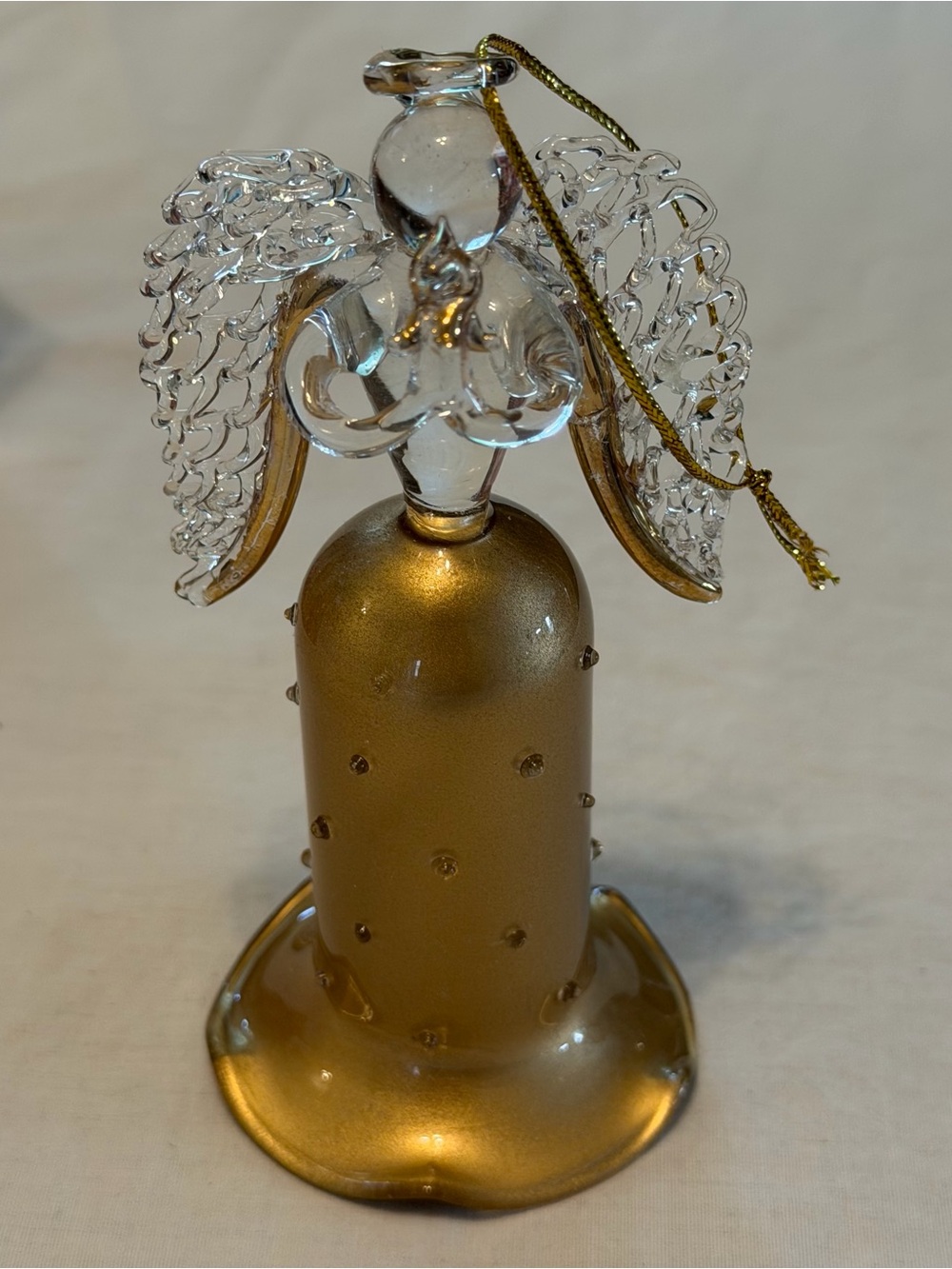Blown Glass Angel Ornament in Gold bell and Clear blown glass